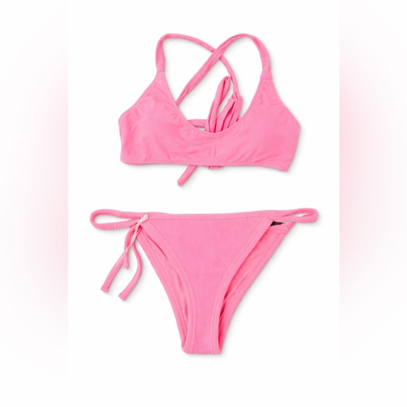 White Fox Swim Ribbed Neon Pink Bikini Set Halter Top & Cheeky Bottoms NWT